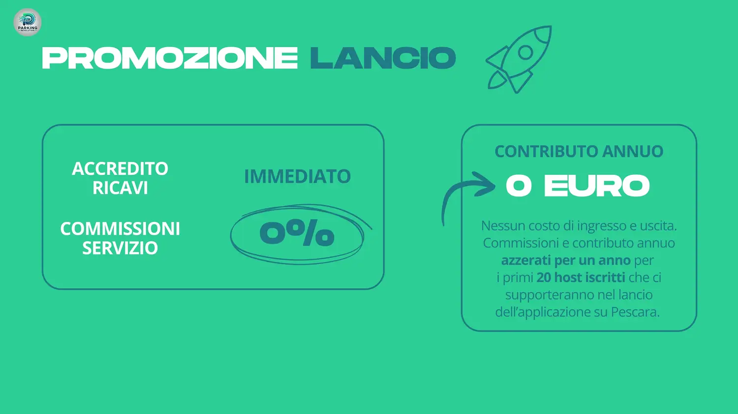Promozione lancio: accredito ricavi immediato, commissioni 0%, contributo annuo 0 euro per i primi 20 host iscritti a Pescara.